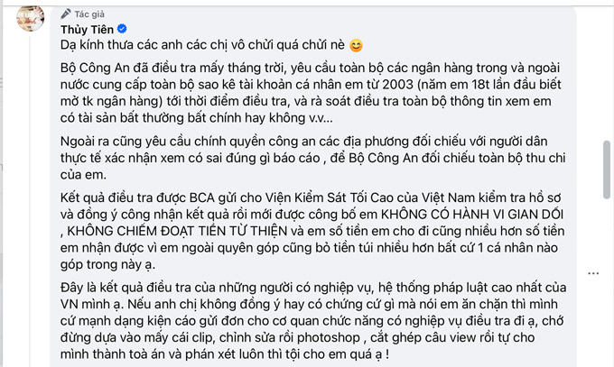 Nữ ca sĩ viết những dòng bình luận trên trang của mình. Ảnh chụp FBNV