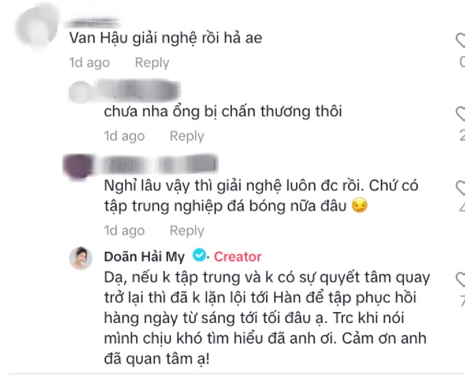 Các cổ động viên đã có những lời lẽ không hay về Đoàn Văn Hậu trên trang tiktok cá nhân của Doãn Hải My